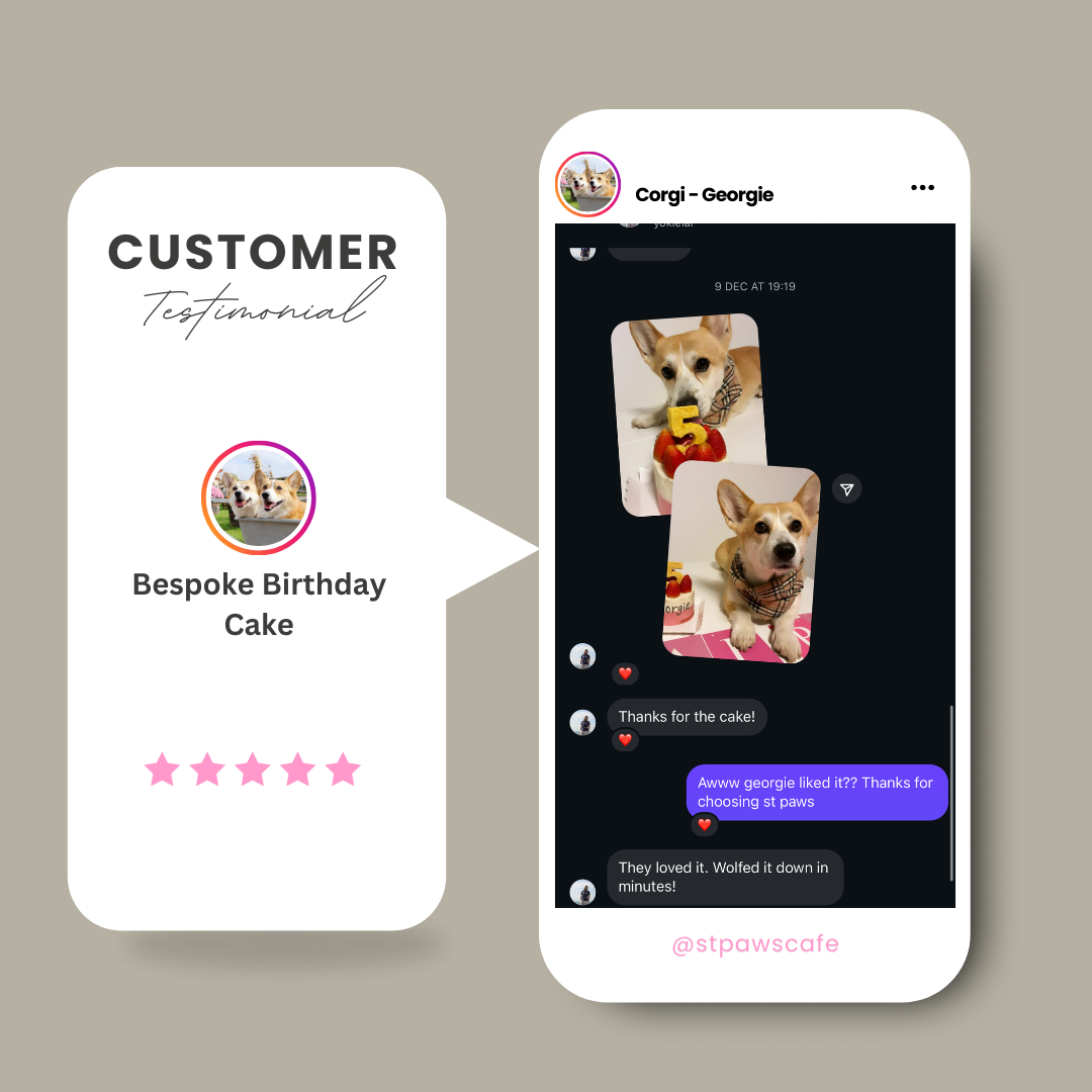 Corgi customer testimonial card for a bespoke doggie birthday cake.