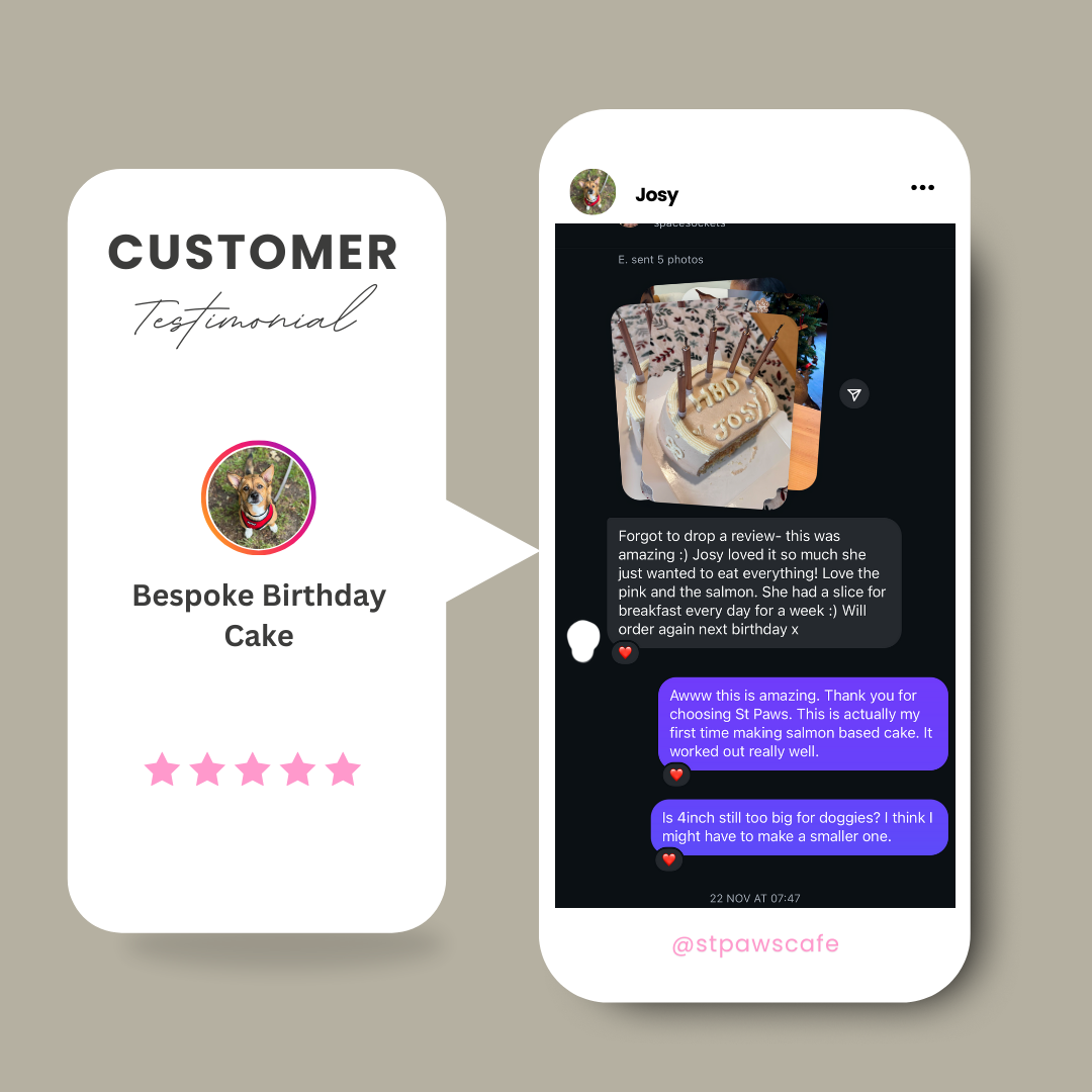 Phone screen showing a customer testimonial for a bespoke birthday cake with a 5-star rating.