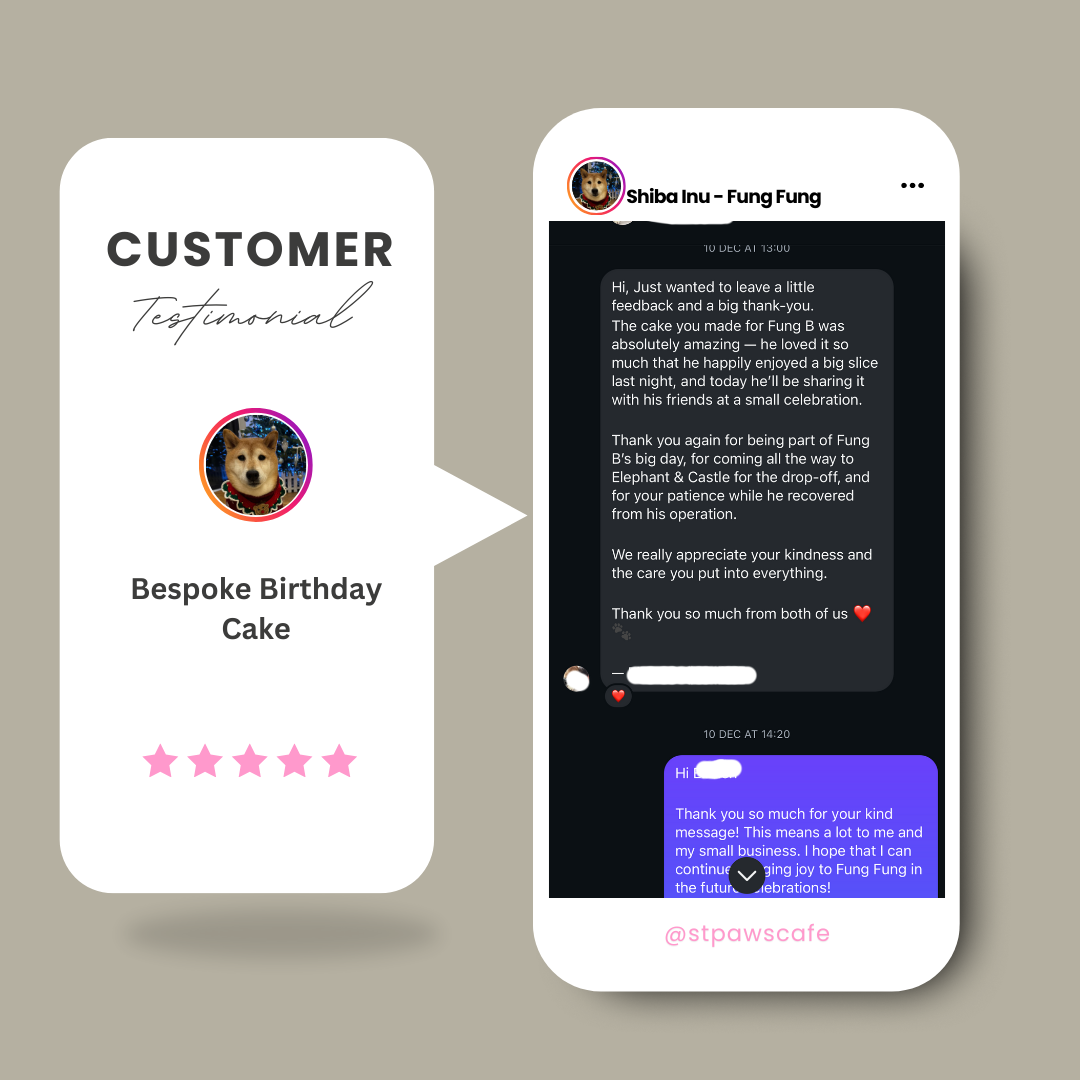 customer testimonial for a Shiba Inu-themed doggie birthday cake, with good review