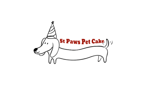 Logo of St Paws Pet Cake with a dachshund wearing a party hat on a white background
