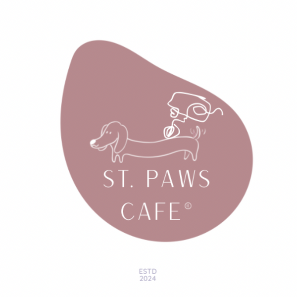 Logo for St. Paws Cafe with a dachshund illustration on a pink background